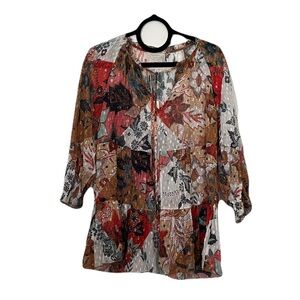 Johnny Was Claire Tiered Multicolor Patchwork Print Blouse NWT